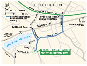 Map of Frederick Law Olmstead National Historic Site in Brookline, Massachusetts. A recommended walking route is shown in blue against streets shown in gray. The historic site is light green, and a dark green line represents the MBTA-Riverside D Green Line along the top edge of the map.
