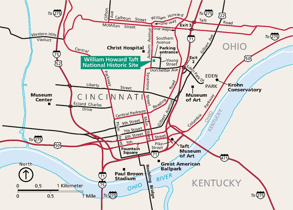 Map of William Howard Taft National Historic Site in Ohio. The site is in the upper middle, in Cincinnati, among beige land and red and black streets. The blue Ohio River, and Ohio-Kentucky state line, undulates across the lower third of the map.