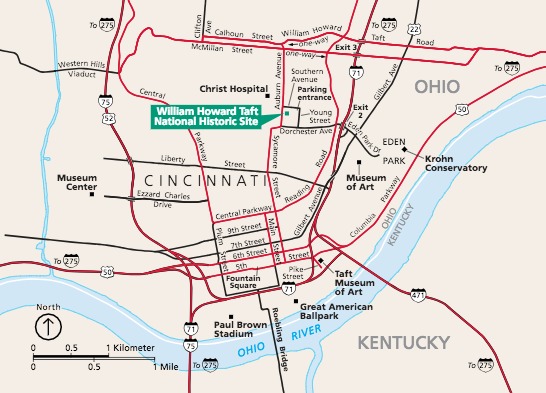 Map of William Howard Taft National Historic Site in Ohio. The site is in the upper middle, in Cincinnati, among beige land and red and black streets. The blue Ohio River, and Ohio-Kentucky state line, undulates across the lower third of the map.