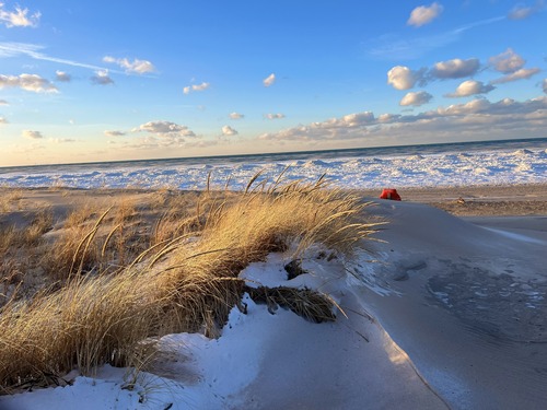 Snow-dusted beach, dunes, and dune grasses next to a lake with giant ice shelves