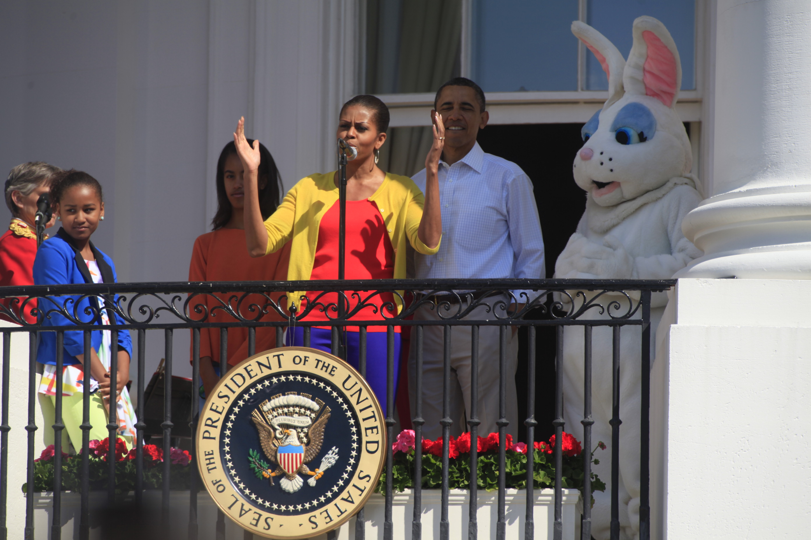 First Lady Michelle Obama talks to the crowd at the 2012 Easter Egg Roll. 