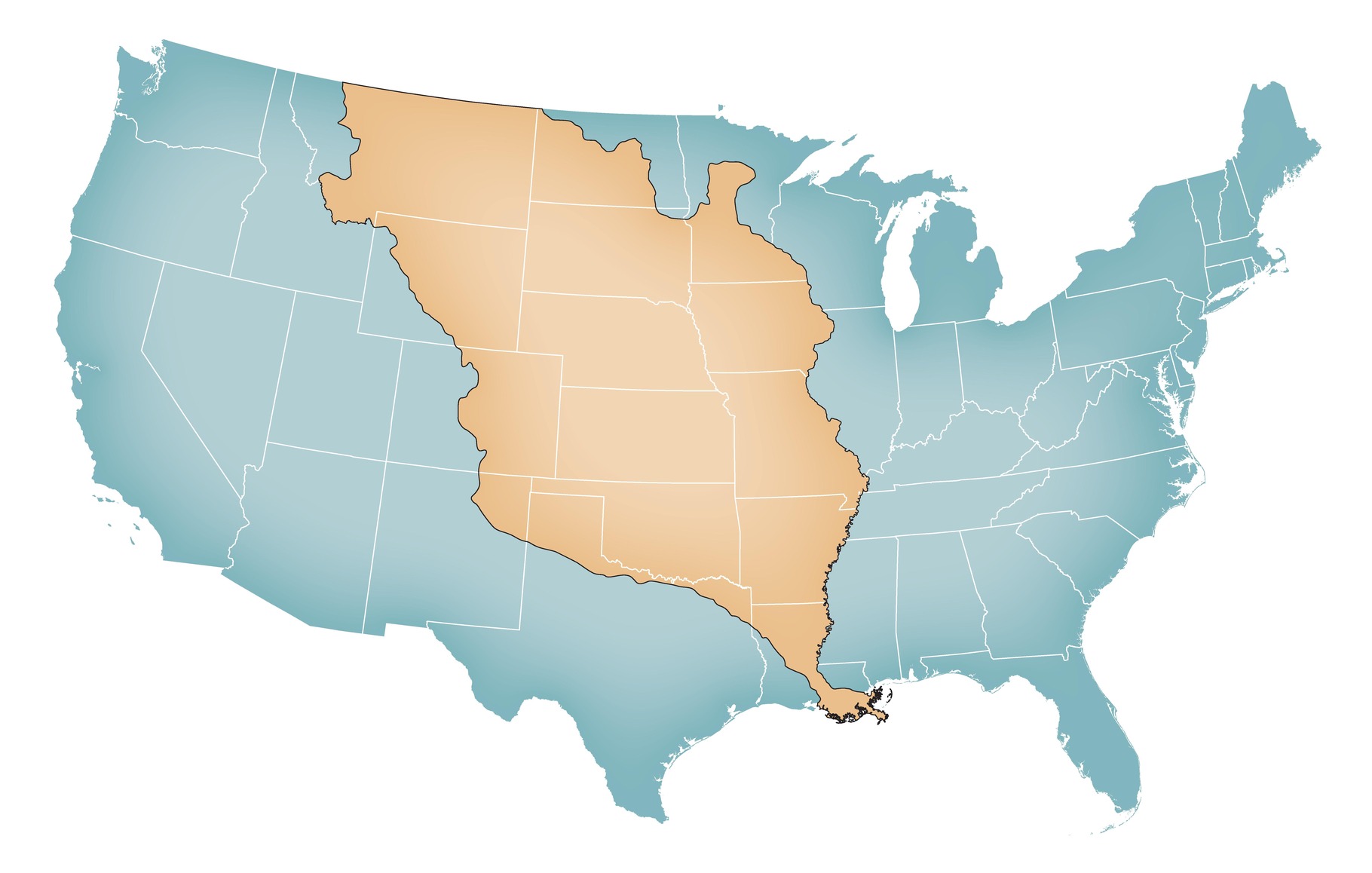Map of the contiguous United States shaded aqua blue. The central third or so of the country is colored orange.