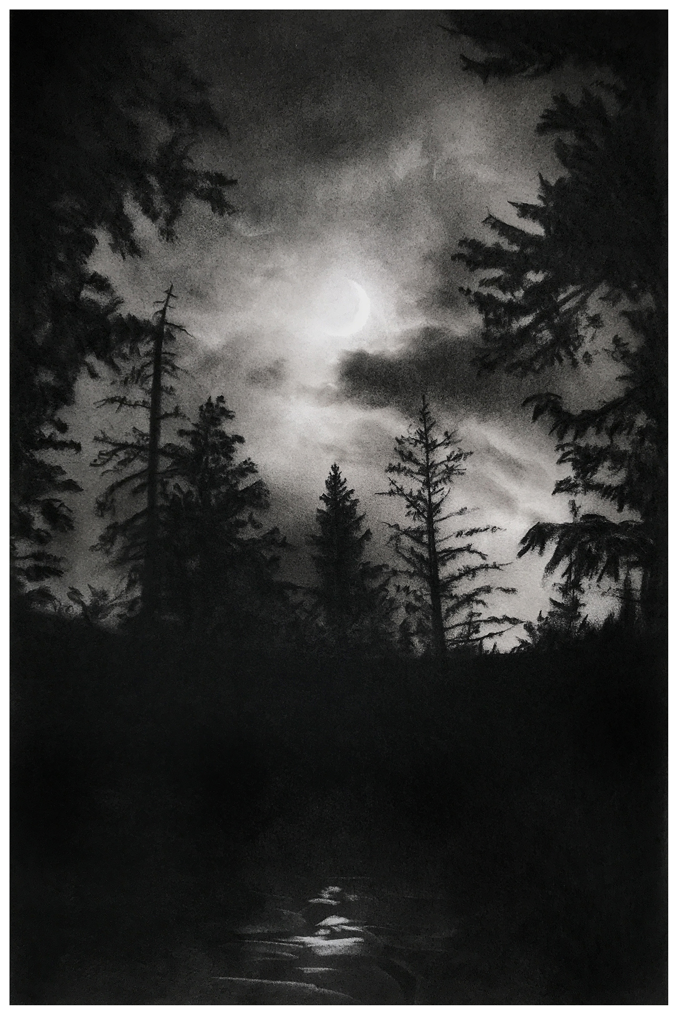 This charcoal drawing shows a darkened forest with a crescent moon shining through a cloudy sky. Moonshine reflects off of a creek in the foreground. 
