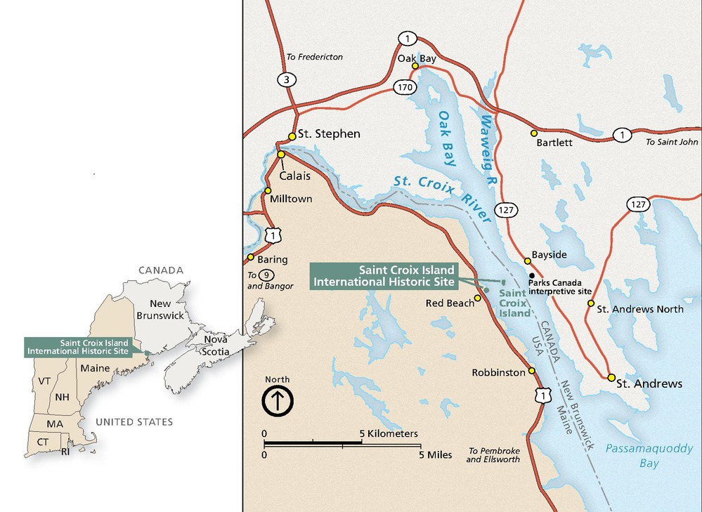 Map of the area around the two points that comprise Saint Croix Island International Historic Site in Maine. The boundary between the United States and Canada splits the St. Croix River. US land is shown in tan and Canadian land in beige.