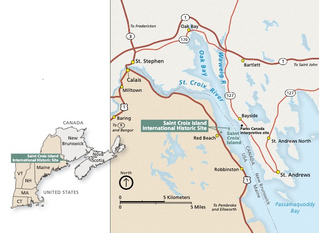Map of the area around the two points that comprise Saint Croix Island International Historic Site in Maine. The boundary between the United States and Canada splits the St. Croix River. US land is shown in tan and Canadian land in beige.
