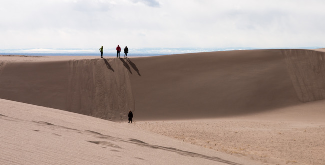 Visitors play on top of a sand dune.