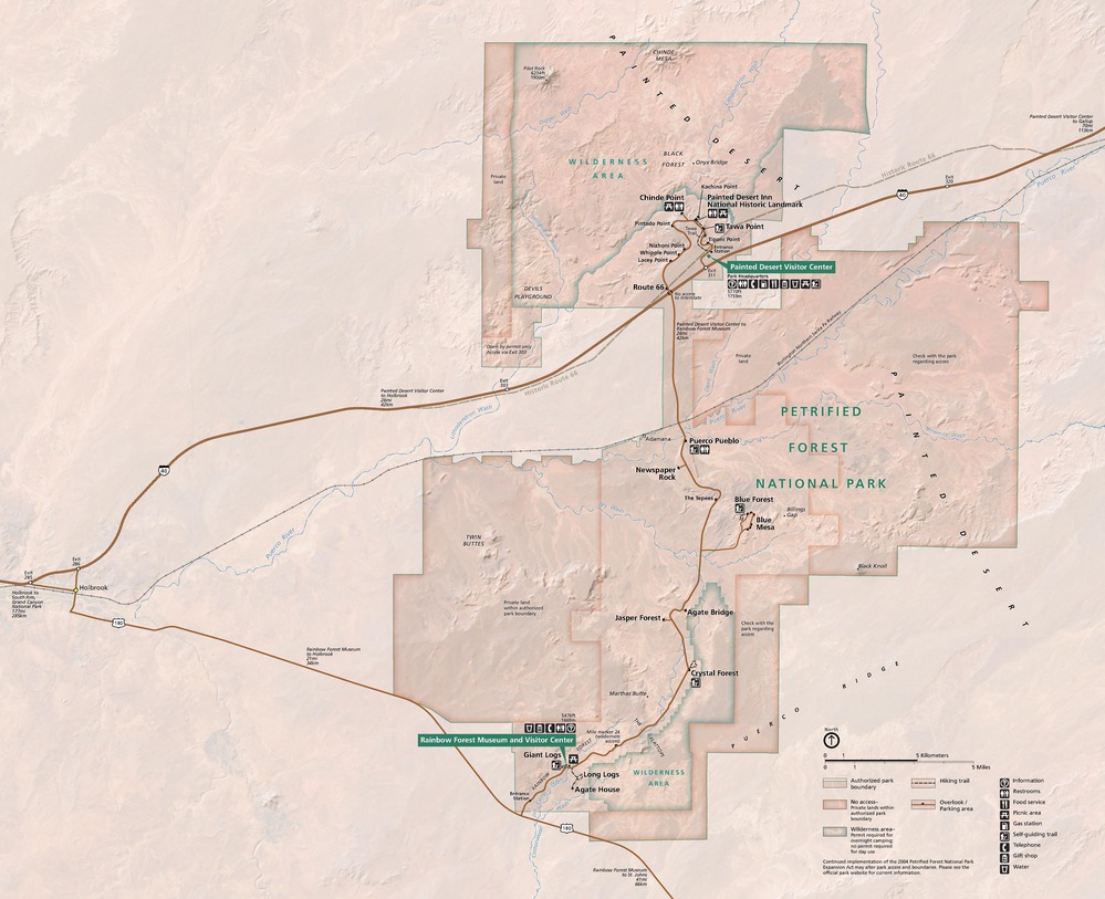Map of Petrified Forest National Park in Arizona. Park terrain is shaded with brown copper, and surrounding areas are in a paler shade of tan. The park has two main parts: an area south of Interstate 40 and another area about half the size to the north of the highway that is largely comprised of a Wilderness Area, shown with a green border. Roads are represented by brown lines.