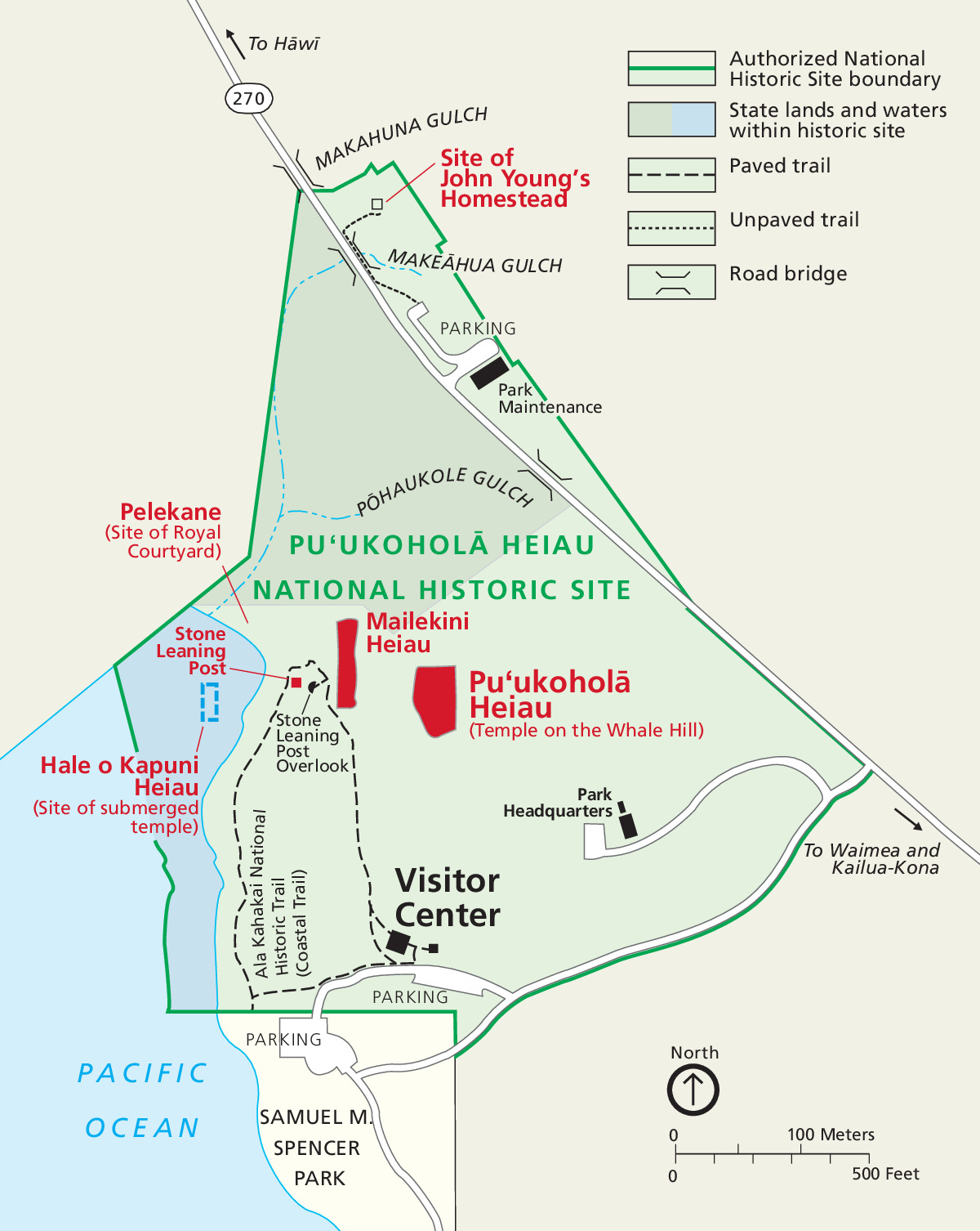 Map of Puʻukoholā Heiau National Historic Site on the Island of Hawaiʻi in Hawaii. The park is shown in green, surrounding areas in tan, and the Pacific Ocean in blue. Sites and points of interest are labeled in red.