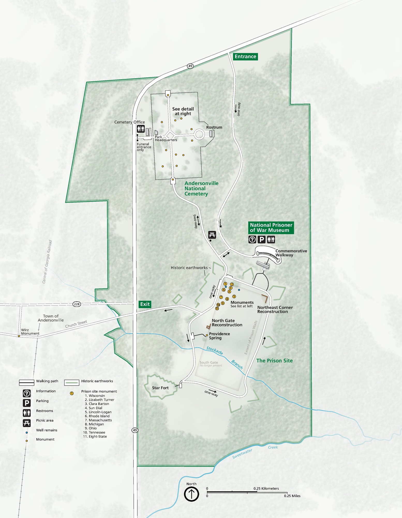Map of Anderson National Historic Site in Georgia. Park property is indicated in green. State Route 49 borders part of the park’s northern and western edges and Sweetwater Creek the southern edge. The surrounding areas are pale gray.