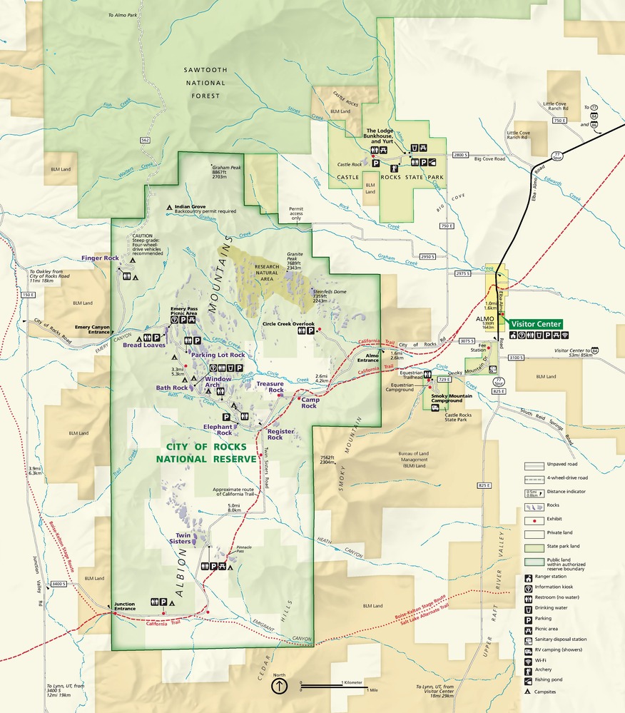Map of City of Rocks National Reserve in Idaho. The reserve is a blocky, rectangular area shaded in eucalyptus green. Other parks are a brighter grass shade of green, and surrounding terrain is pale peach for Bureau of Land Management (BLM) Land or beige for private land.