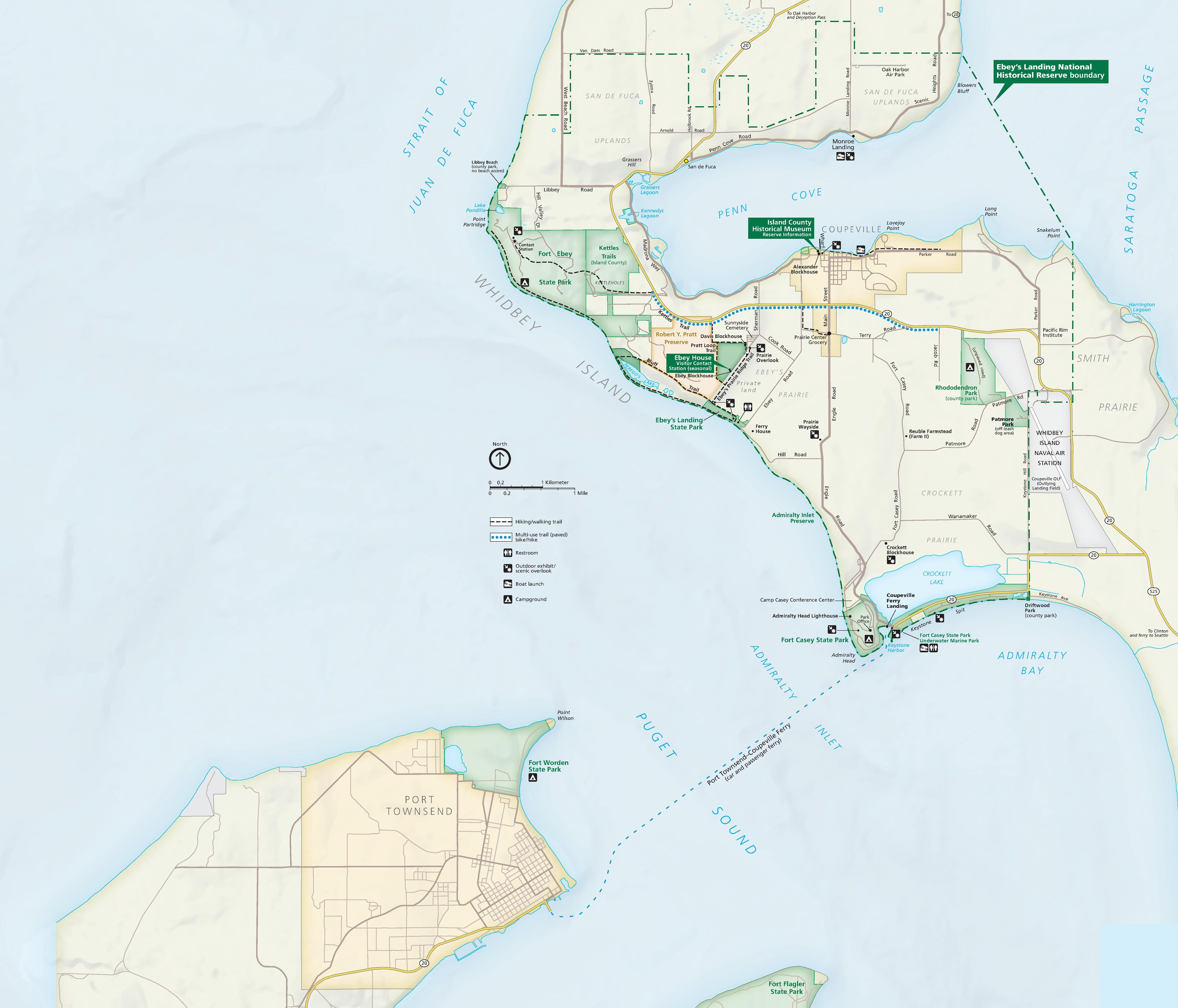 Map of Ebey’s Landing National Historic Reserve in Washington state. The Puget Sound, sky blue, runs diagonally from the top left corner of the map to the bottom right. Port Townsend juts from the bottom left, and Whidbey Island curves around the top right, with Saratoga Passage tucked up into the top right.