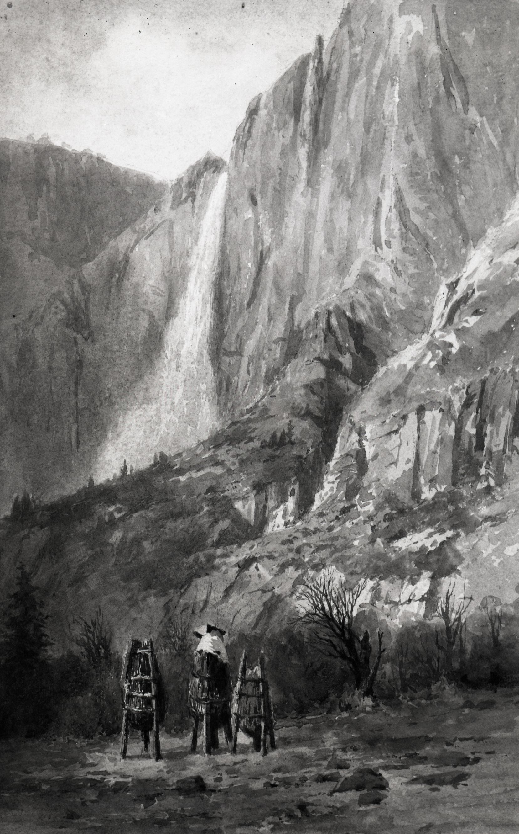 Yosemite Falls with three Acorn Caches" watercolor by Chris Jorgenson. Copied 1986 by Michael Dixon.
