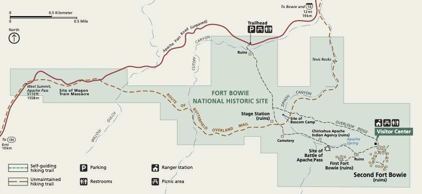 Map of Fort Bowie National Historic Site in Arizona. Shown in mint green against a tan background, the park is long and narrow with larger blocky areas, especially to the right.