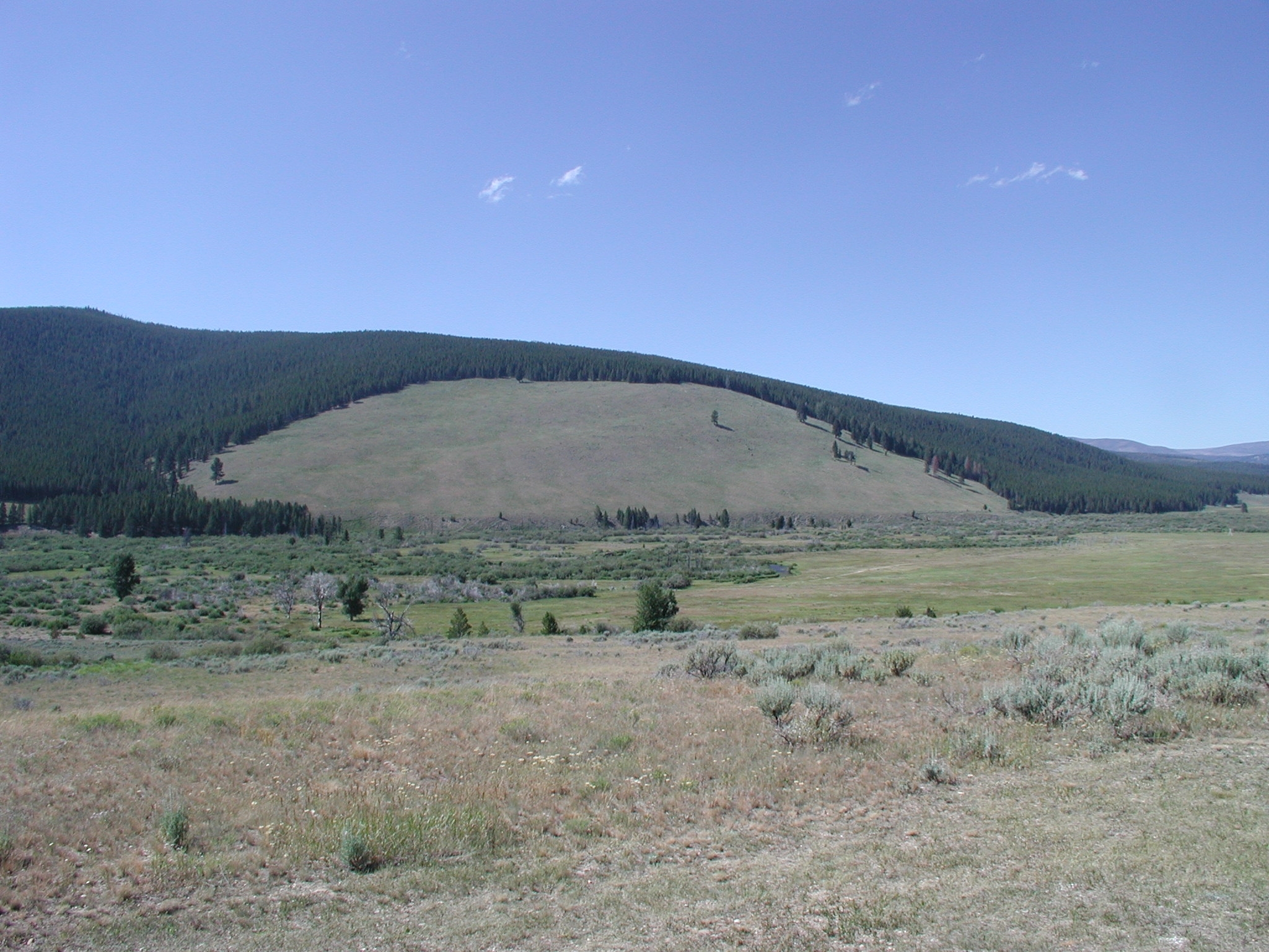 A plain leading to a hill with trees in a wide-open western landscape.