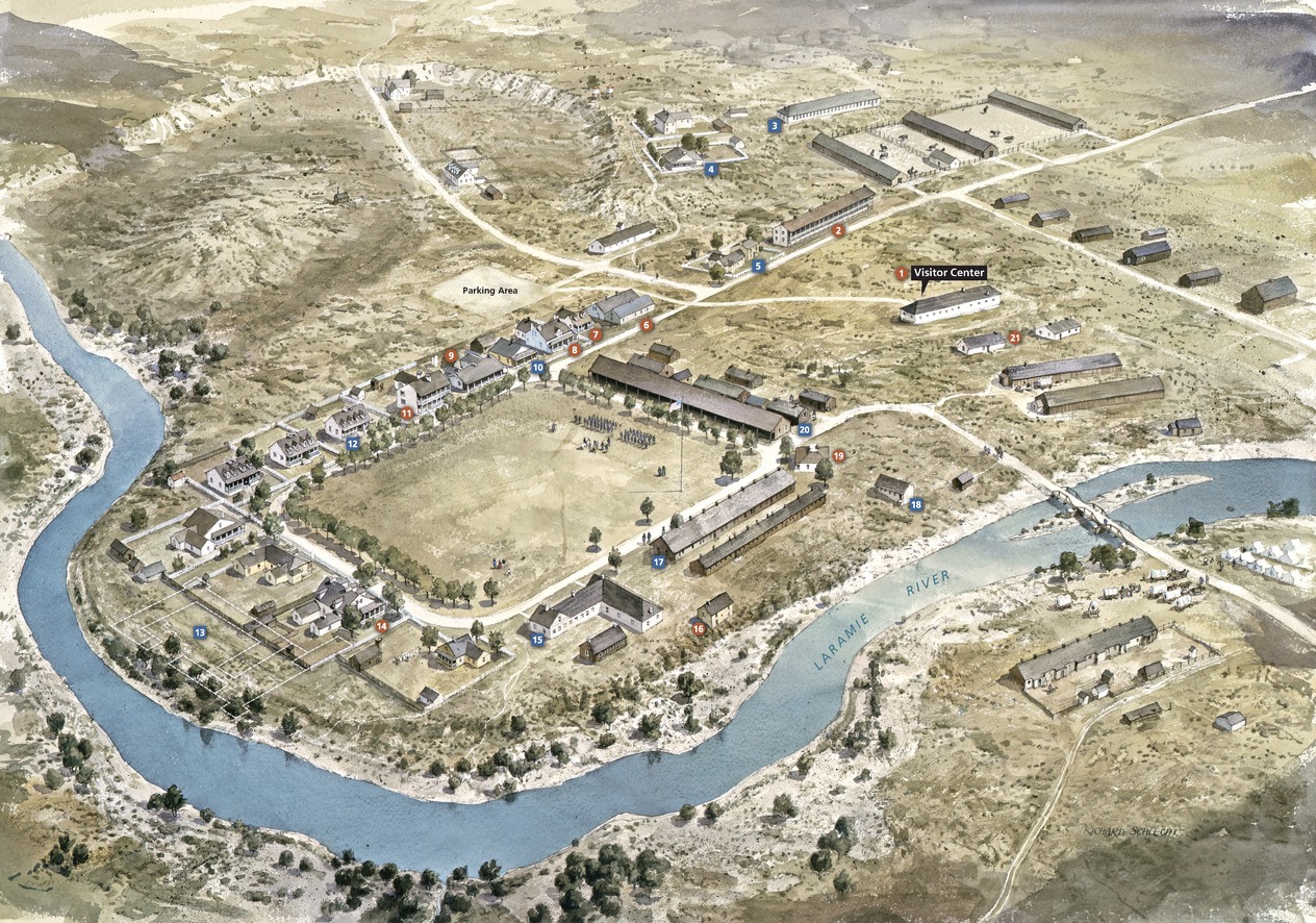 Map of Fort Laramie National Historic Site in Wyoming. Buildings painted in watercolor in perspective are laid out in a square with more along roads that cut through flat, grassy terrain. Buildings are numbered with red circles or blue squares with 1 through 21.