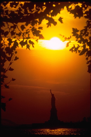 Statue of Liberty at sunset.