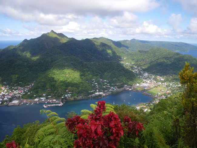 A stunning aerial view from the summit of Mt. Alava, showcasing Pago Pago Harbor surrounded by lush green mountains. Bright red tropical foliage in the foreground adds vibrant contrast to the serene blue waters and scattered white clouds.