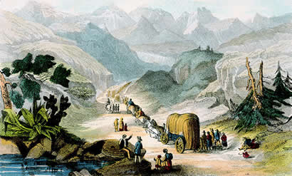 Emigrants on the mountainous road to California, as depicted in 1850