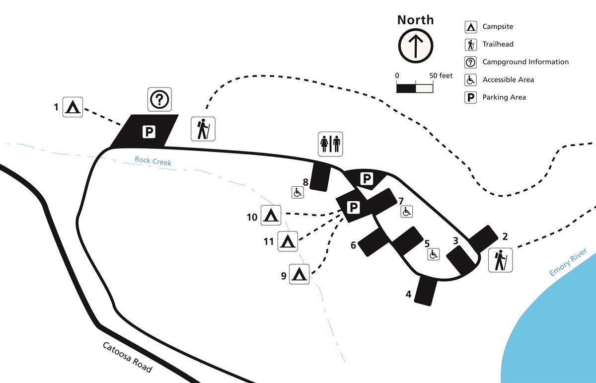 layout map of Rock Creek Campground near the Emory River