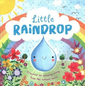 Animated raindrop surrounded by a rainbow and flowers.