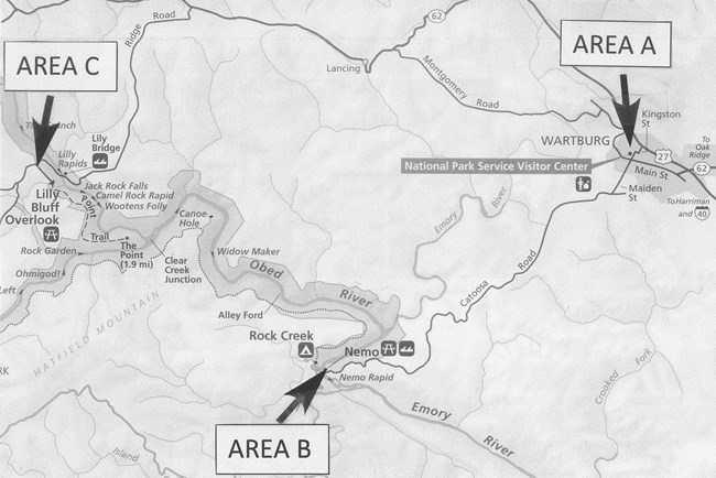 Map of first amendment areas around Obed. Call 423-346-6294 for more information.