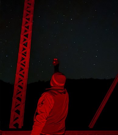 A park ranger stands on a metal structure, pointing their arm up towards the night sky.