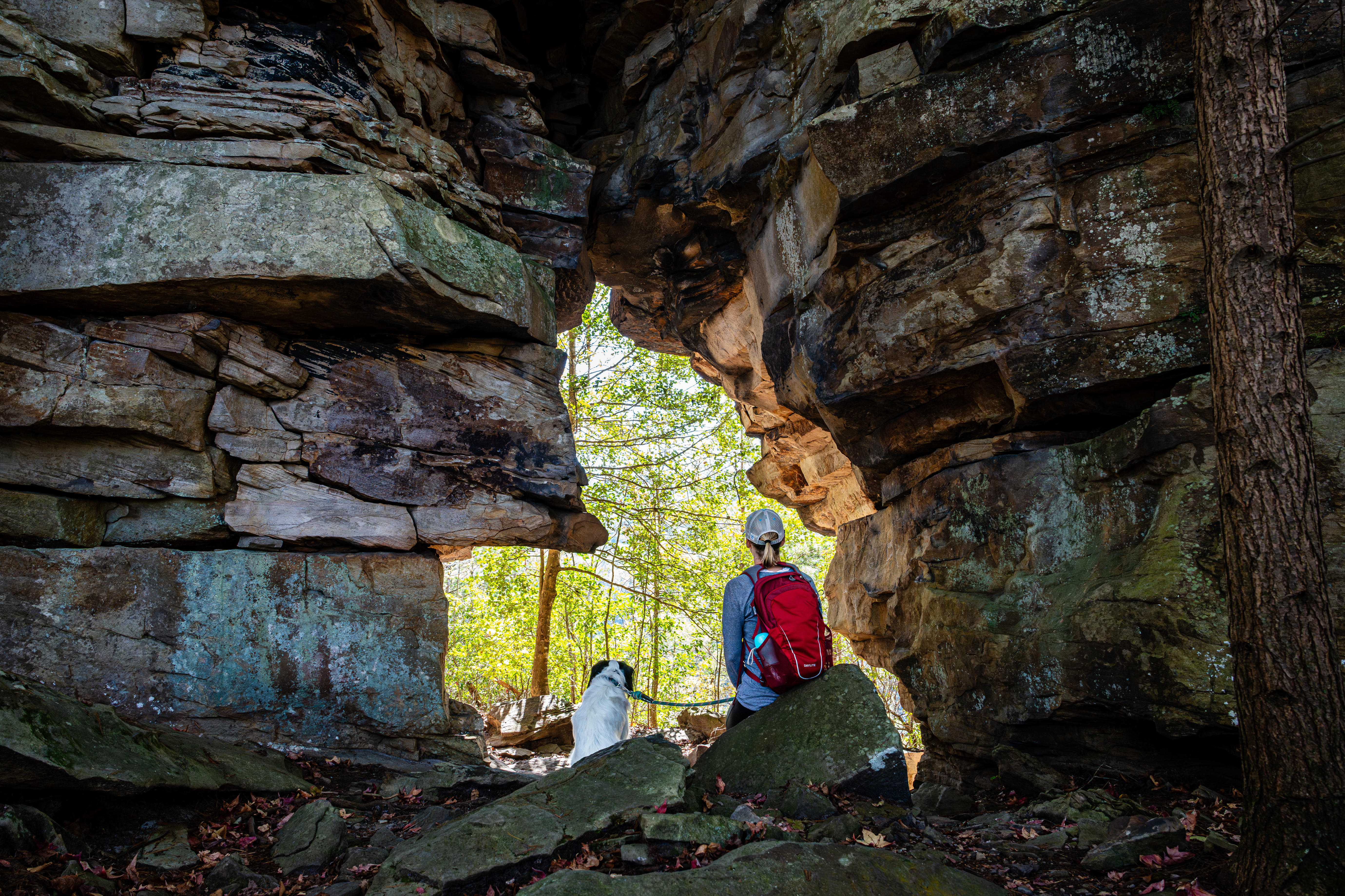 A woman and a dog sitting in the center of a giant rock formation arch looking forward.