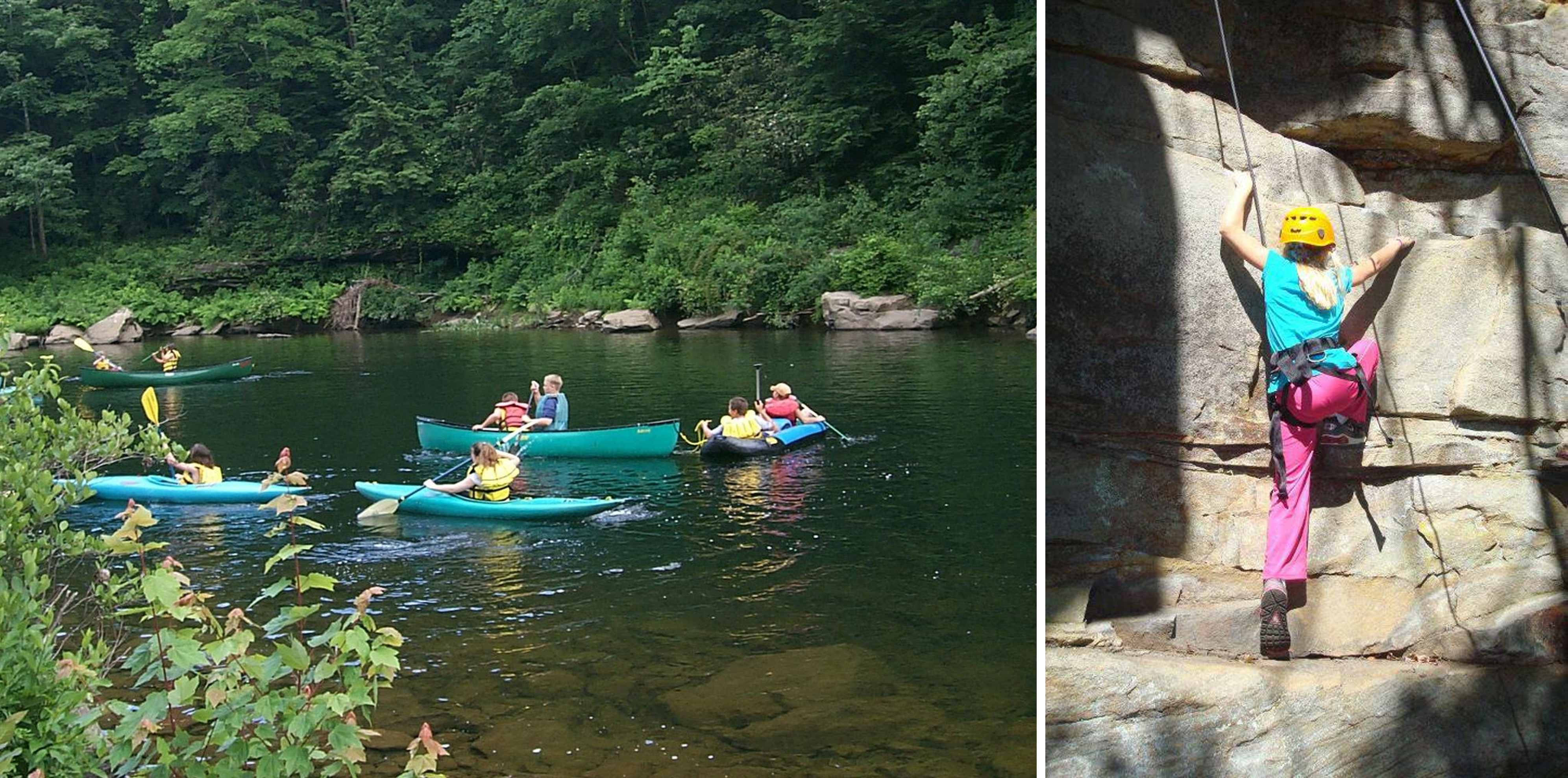 A group of kayakers in the water at obed and a child rock climbing