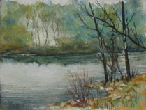 Watercolors painting of river and trees by Kampwerth