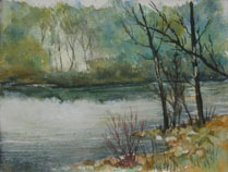 Watercolors painting of river and trees by Kampwerth
