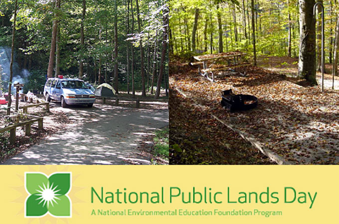 campers on a campsite at Rock Creek and a campsite at Alum Ford with leaves all over