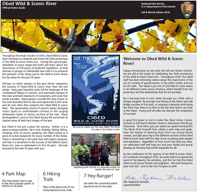 Obed Fall Winter 2018 508C-1 Yellow leaves highlight the top of newspaper with night sky illustration and photo of three guys who just paddled the river