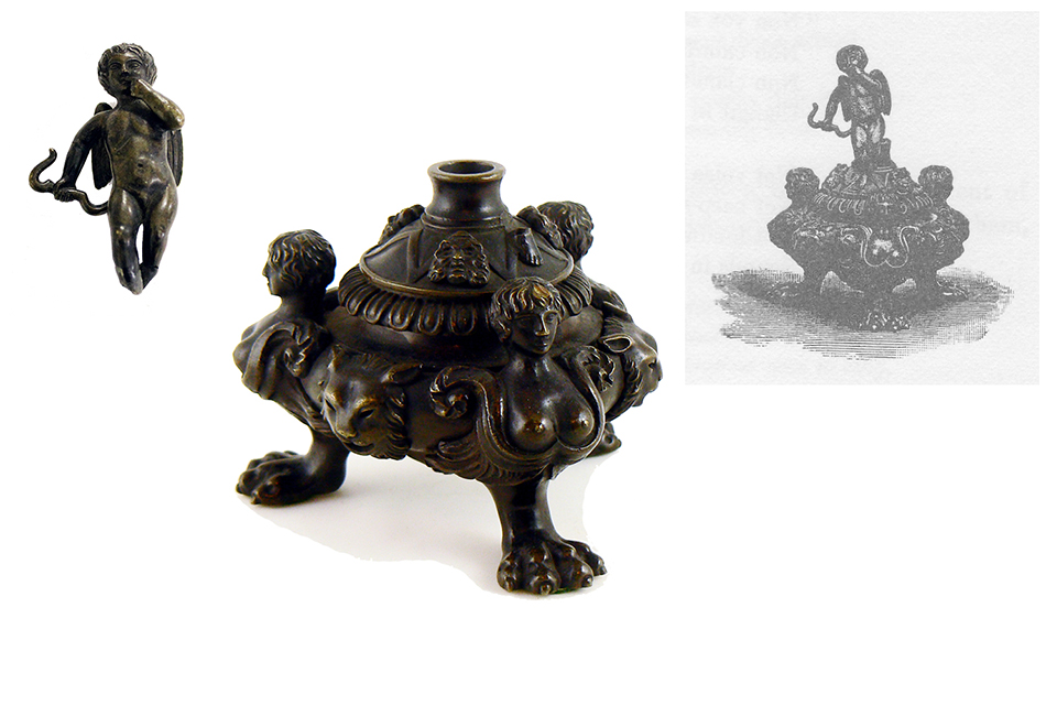 A bronze inkwell given to Henry W. Longfellow by Irish literary critic S.C. Hall. A bronze inkwell given to Henry W. Longfellow