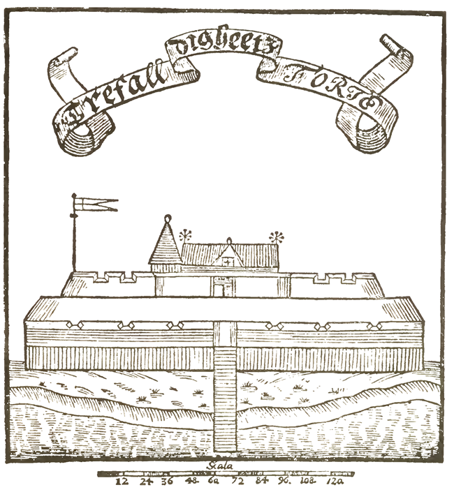 Black and white drawing of a wooden fort with a wall around it