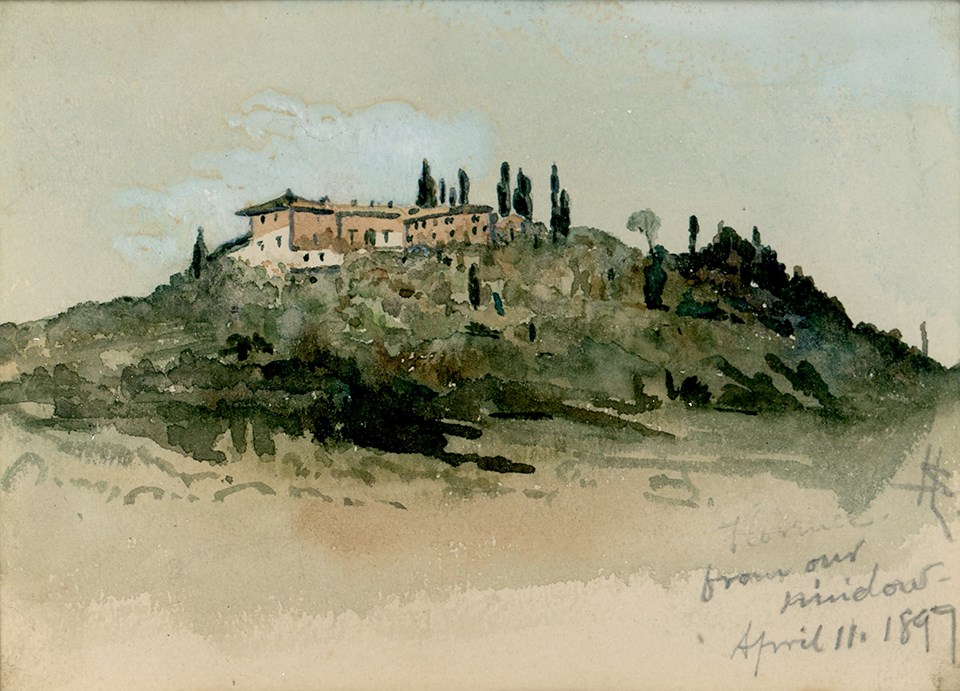 Watercolor of an Italian landscape by Harriet Spelman Longfellow from 1899.