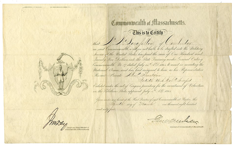 Certificate given to Henry W. Longfellow for a donation to raise black soldiers for the Union Army. Certificate given to Henry W. Longfellow for a donation to raise black soldiers for the Union Army.