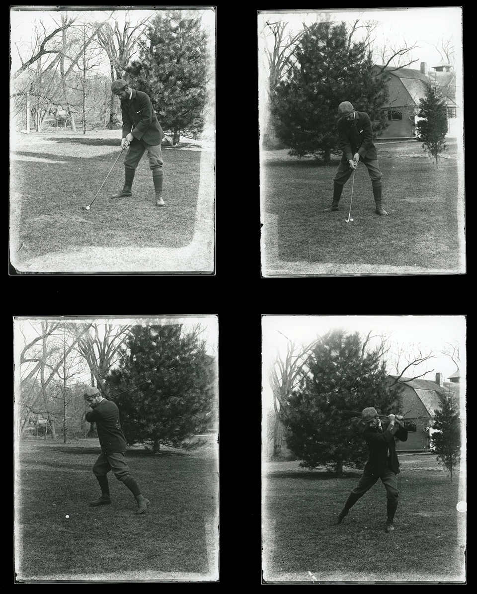 A series of early 20th century images of Joseph G. Thorp practicing his golf swing.