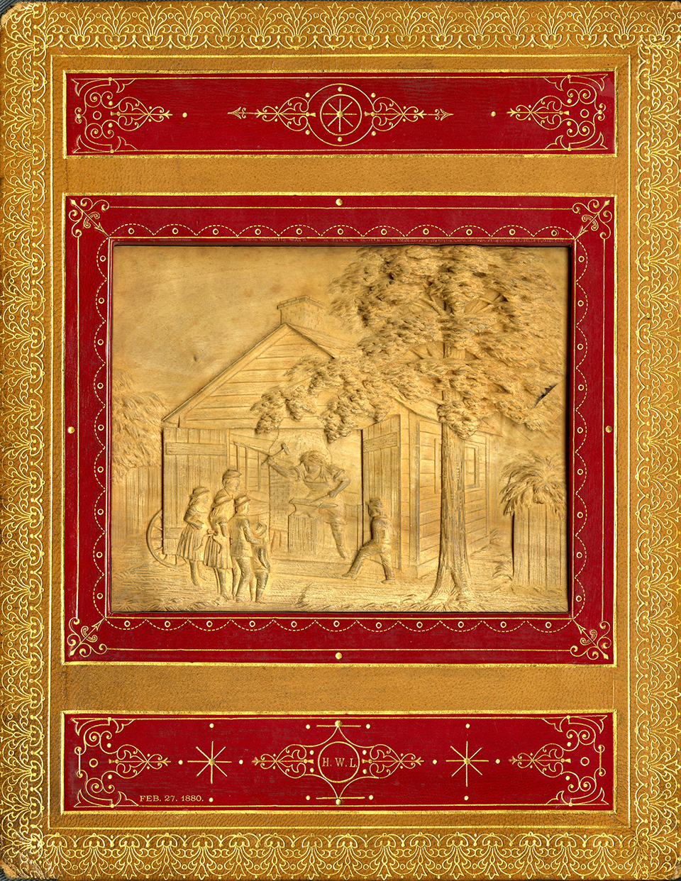 A carved wood scene from Longfellow's poem 