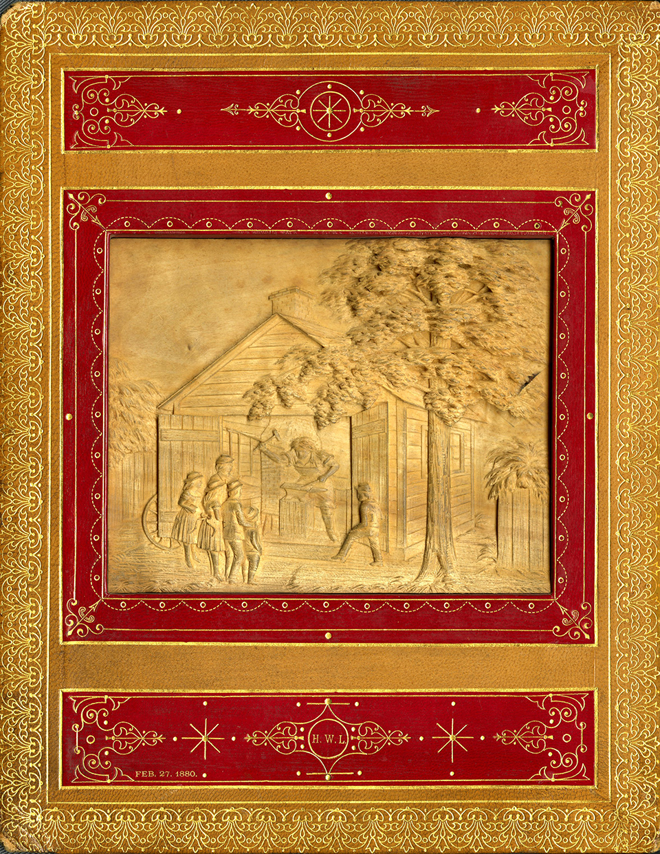 A carved wood scene from Longfellow's poem A carved wood scene from Longfellow's poem