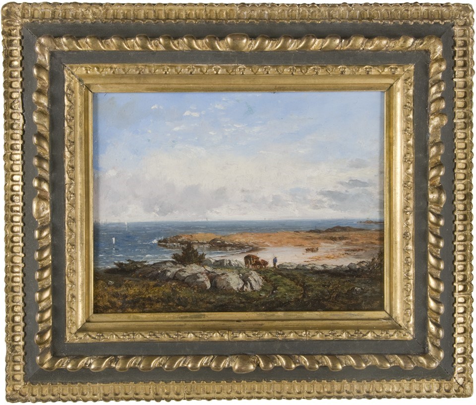 A framed oil painting of Sandy Beach, Cohasset, by Winckworth Allan Gay, c. 1865.