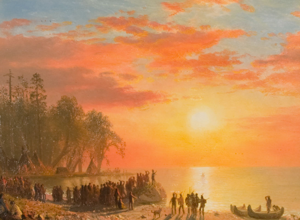 Detail of Albert Bierstadt's painting The Departure of Hiawatha, showing Hiawatha paddling a canoe into the sunset.