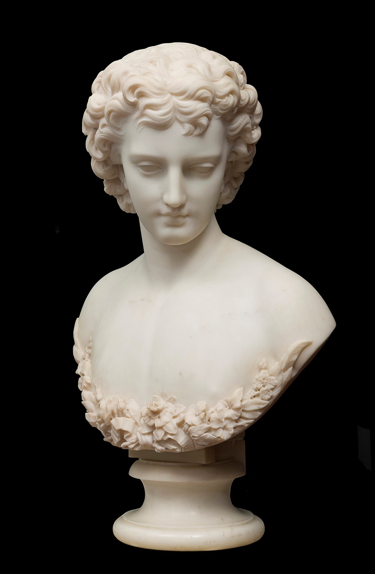 A marble bust of the angel Sandalphon, sculpted by Florence Freeman in 1864.
