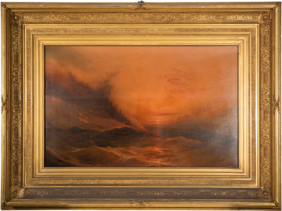 A chromolithograph of James Hamilton's painting Tegner's Drapa, showing a burning funeral ship amongst waves with a red setting sun.