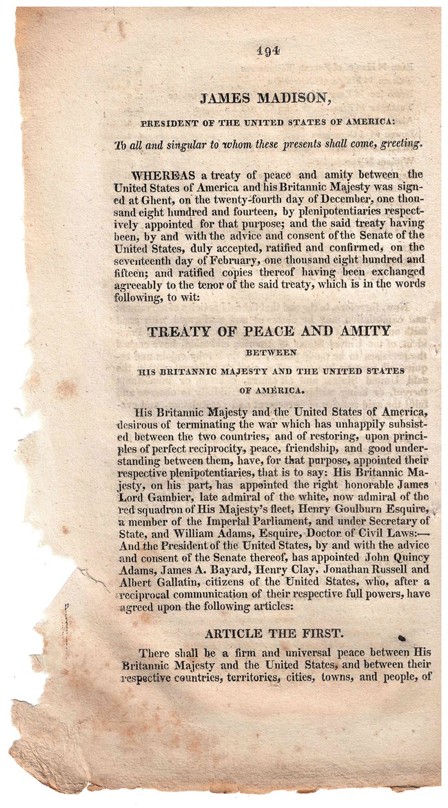 A scan of a page from an 1815 copy of the Treaty of Ghent