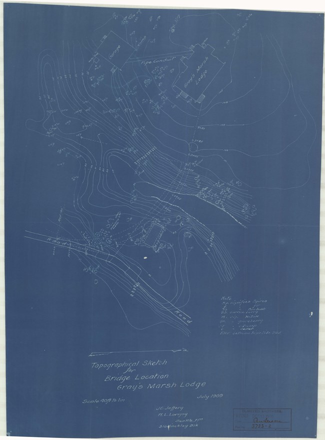White lines on blue paper with topographical lines and buildings on the hill.