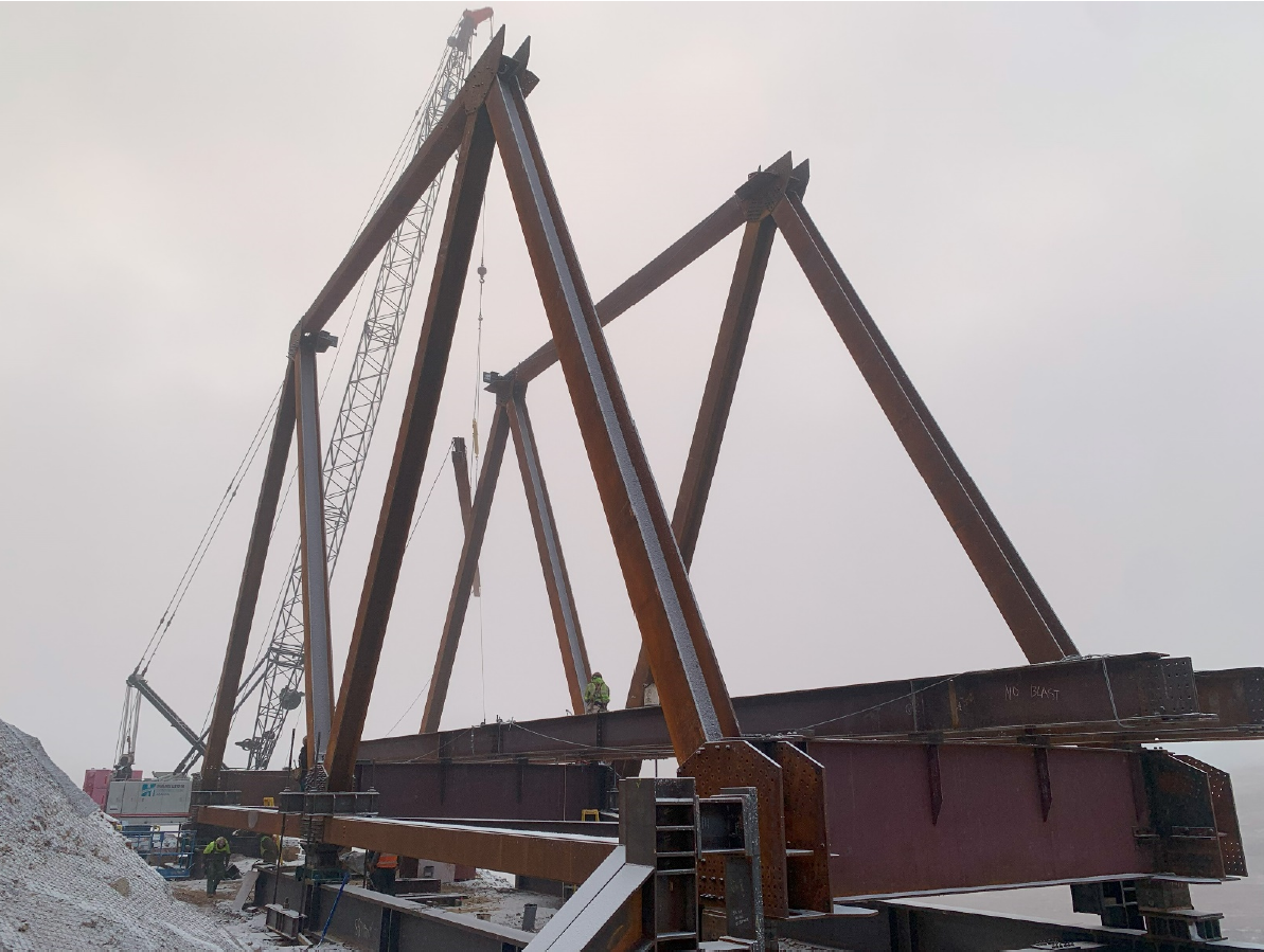 Erected Steel Truss Bays A portion of a steel bridge erected on top of a steel launch platform