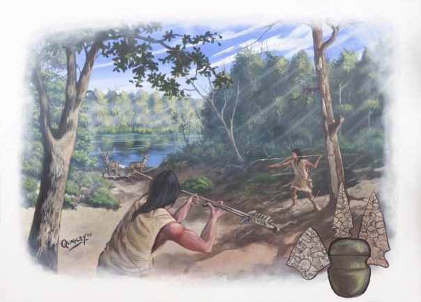 A painting of two Archaic Indians hunting deer with atlatls