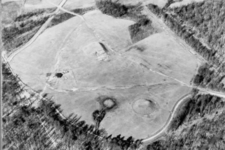 Historic aerial photo of the two mounds of the Lamar site