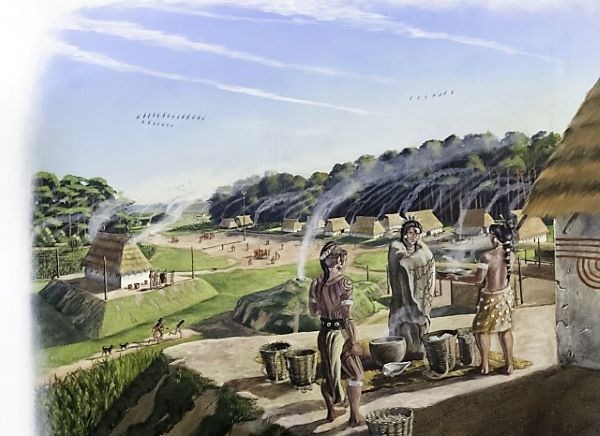 A painting of Mississippians standing in the middle of their village on top of a temple mound