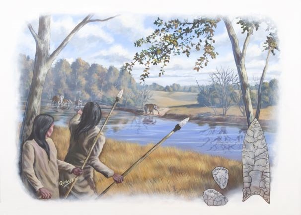 A drawing of two Paleo Indians holding spears and looking across a lake at a herd of mammoths